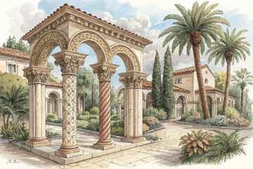Obraz premium Watercolor painting of a courtyard with ornate columns and arches leading to a villa with palm trees