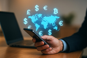 Global finance concept with holographic world map displayed above smartphone showing multiple currency symbols and digital money exchange
