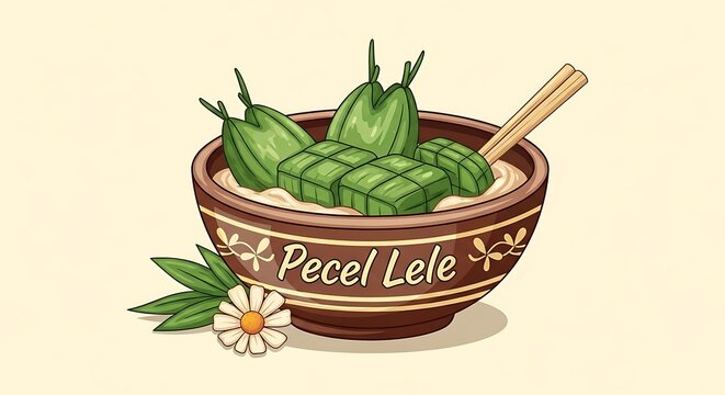 Delicious Indonesian Pecel Lele Dish with Rice Cakes in a Bowl.
