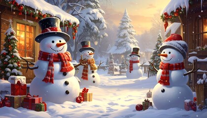 Festive Snowman Scene with Christmas Decorations and Gifts in the Snow