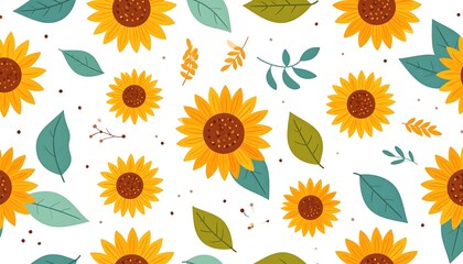 Floral Pattern of Sunflowers and Leaves on a White Background