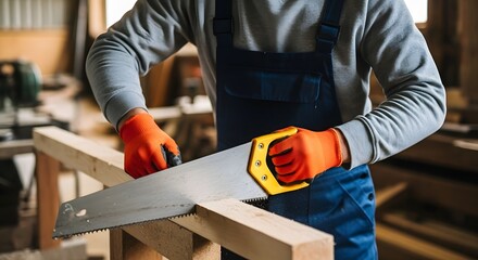 Skilled carpenter sawing wood with focused precision, wearing protective gloves and overalls for safety in workshop environment