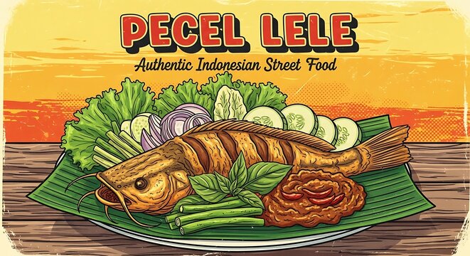 Pecel Lele Authentic Indonesian Street Food Grilled Catfish with Fresh Vegetables and Sambal.