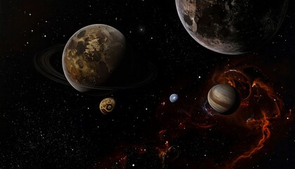 Digital rendering of a galaxy featuring planets and cosmic formations