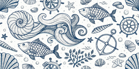 A nautical themed pattern with fish shells waves anchors and helms creating a sea inspired backdrop art © Googl