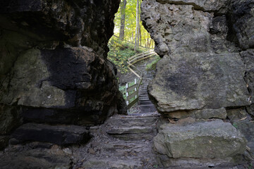view through a rocky cut up a steep rocky path in the driftless area