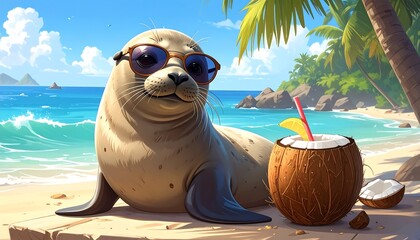 Cute seal wearing sunglasses enjoys a coconut cocktail on a tropical beach