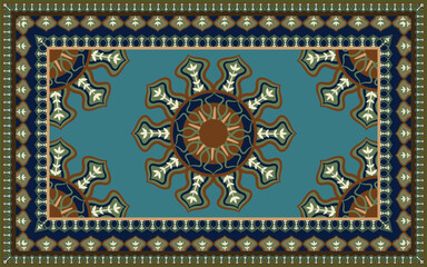 Geometric rug pattern with traditional leaf motifs.
