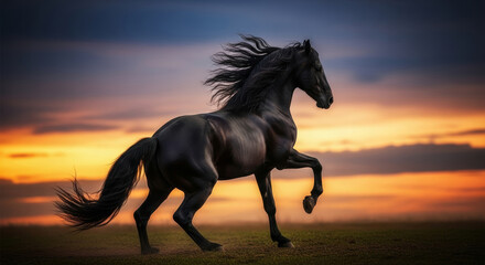 A majestic black horse galloping freely across a field at sunset with dramatic sky view
