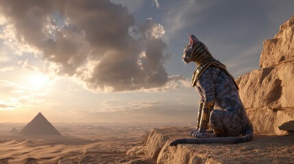 Majestic Egyptian cat adorned in regal gold armor gazes over ancient desert pyramids at sunset