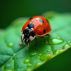 Fototapeta premium Beautiful ladybird beetle crawling on a wet leaf in nature