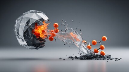 Abstract scientific visualization of molecular reaction with polygon sphere and fire effects