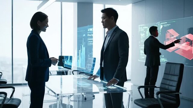 Business team collaborating in a futuristic office using holographic augmented reality interfaces for data analysis - Powered by Adobe