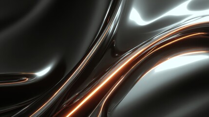 Sleek, flowing dark metallic surface with vibrant orange and white glowing light streaks, perfect for modern tech and luxury themes.