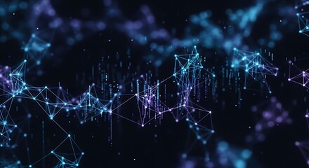 Abstract network of connected dots and lines with a dark blue and purple gradient background