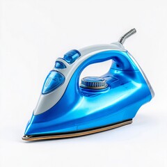 Modern Electric Blue and Grey Steam Iron Household Appliance on White Background