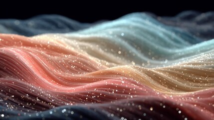Abstract waves with iridescent colors and sparkling particles create a dreamy landscape