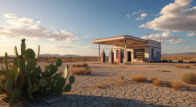 Desert gas station under a cloudy sky with cactus in the foreground and cracked earth around it