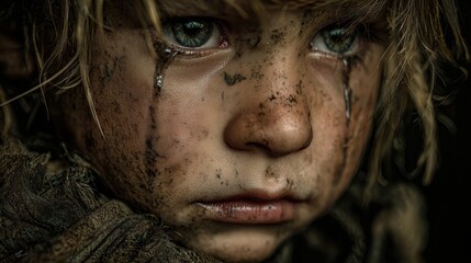 Heartbreaking close-up captures a child's tear-streaked, dirt-covered face evoking profound empathy and raw emotion