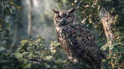 Obraz premium Majestic great horned owl with piercing amber eyes perches regally on a mossy branch in a misty, sunlit forest.