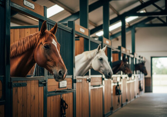 Fototapeta premium Horses standing in their stalls inside a barn with their heads sticking out looking around