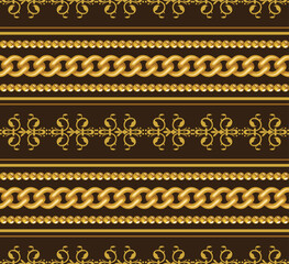 Seamless pattern of gold chains and gold pearl necklaces combined with damask pattern.