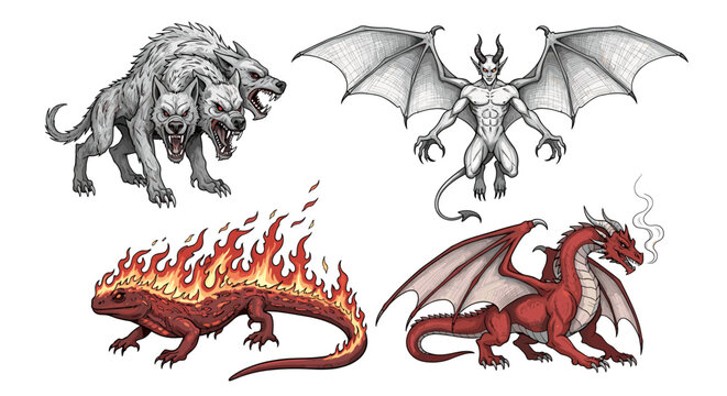 Mythical Creatures Illustration Featuring Cerberus, Devil, Salamander, and Dragon
