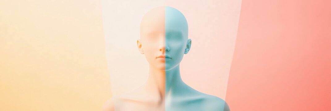 A serene figure blends with pastel colors in a minimal space, creating a dreamlike atmosphere during a quiet morning