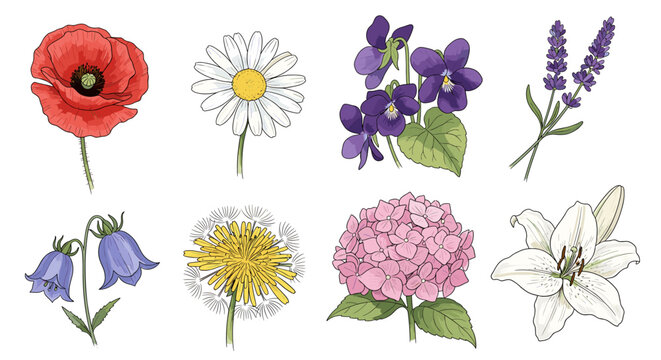 Botanical Illustration of Diverse Wildflowers and Garden Flowers Isolated