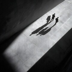 Overhead view of three people walking on concrete, casting long dramatic shadows in high-contrast urban black and white