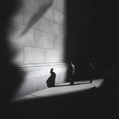 Anonymous men casting long dramatic shadows while walking on an urban sidewalk next to a building wall.