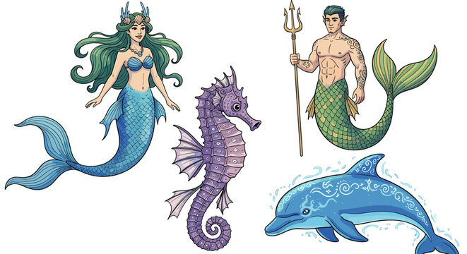 Enchanting ocean realm featuring mermaid, merman, seahorse, and stylized dolphin