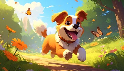 Happy cartoon dog running in a sunny field surrounded by flowers and butterflies