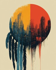 Vibrant Abstract Cityscape Art with Urban Skyline, Feather Elements, Grunge Textures, and Split Color Palette