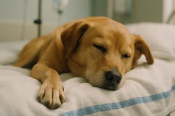 Golden retriever resting peacefully on a white hospital bed with a blue stripe