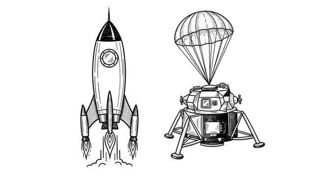 Rocket Launch and Lunar Lander Illustration with Retro Style