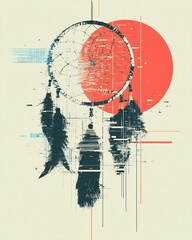 Modern Digital Glitch Art Dream Catcher with Red Sun and Abstract Feathers