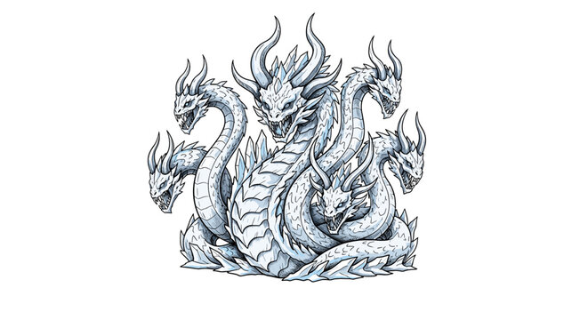 Illustration of a fearsome white hydra dragon with sharp teeth