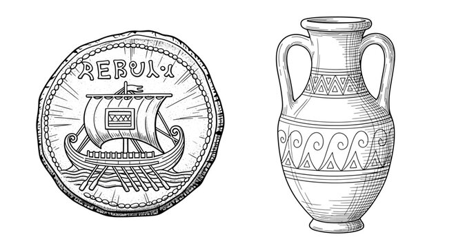 Ancient Coin and Vase Illustration with Ship Motif and Geometric Decor