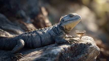 Sophisticated lizard enjoys a golden hour drink, embodying relaxed luxury and unique natural charm in a serene outdoor setting.