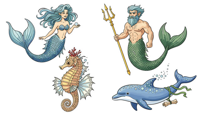 Whimsical Cartoon Ocean Set with Mermaid, Merman, Dolphin and Seahorse