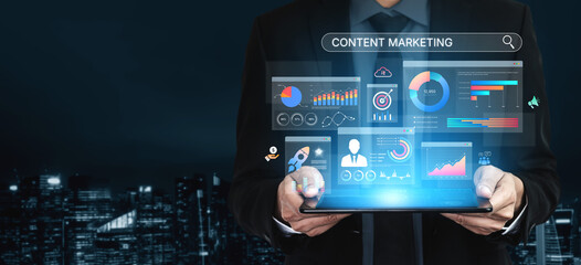 Content marketing interface with data dashboards, analytics charts, and content tools. Marketing...