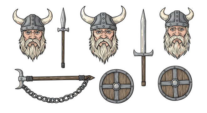 Viking Warrior Set: Helmets, Spear, Sword, Axe and Shields
