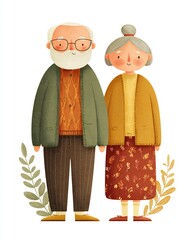 Happy Elderly Grandparents Couple Standing Illustration with Green and Yellow Leaves