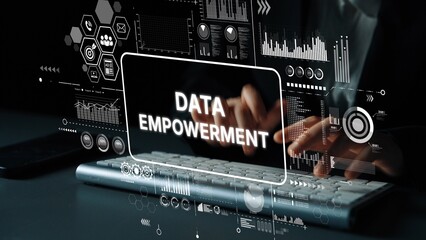 Modern Digital Workspace with Data Empowerment Concept on Keyboard and Overlaid Graphics for Business Applications. Asymptotic smart data analytic.