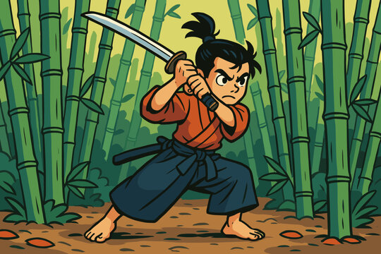 Samurai vector bamboo practicing illustration training young apprentice swings sword determination