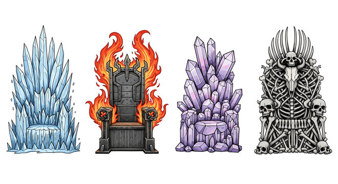 Four fantastical thrones: Ice, Fire, Crystal, and Bones kingdoms of fantasy