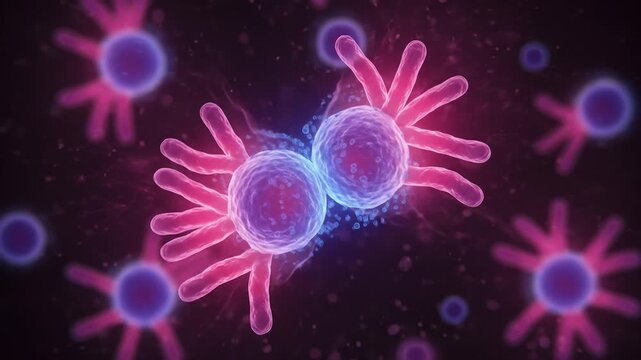 Two purple cells with pink appendages in a dark environment