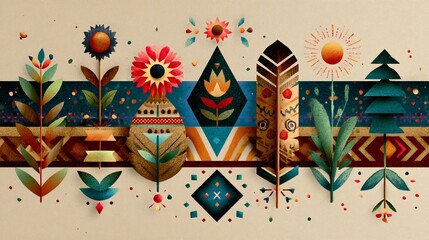 Bohemian Folk Art Illustration with Stylized Nature Elements, Flowers, Sun, Feather, and Geometric Patterns