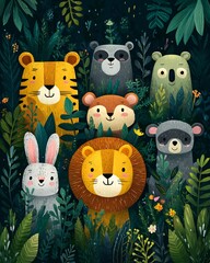 Diverse Group of Cute Cartoon Jungle and Forest Animals Peeking from Lush Green Botanical Illustration